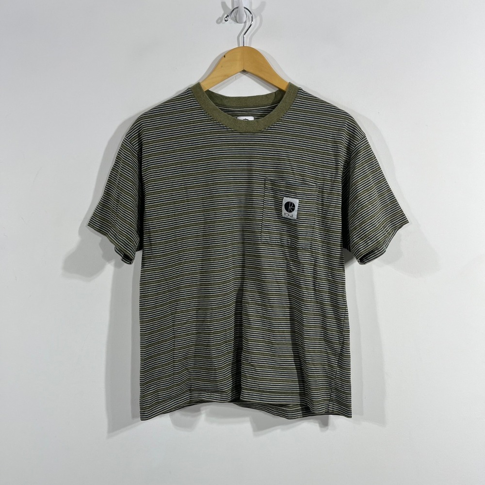 Polar Skate Co 90s Y2K Grunge Striped Pocket T-Shirt Green Small Streetwear